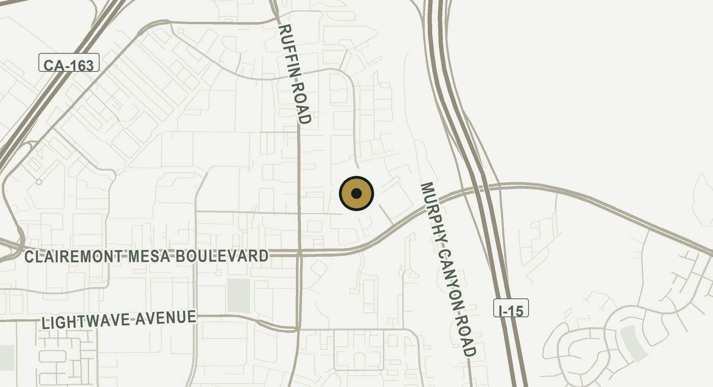 Mapa de calles del área alrededor de nuestra oficina de San Diego en 9619 Chesapeake Drive, Suite 223, con el edificio señalado.