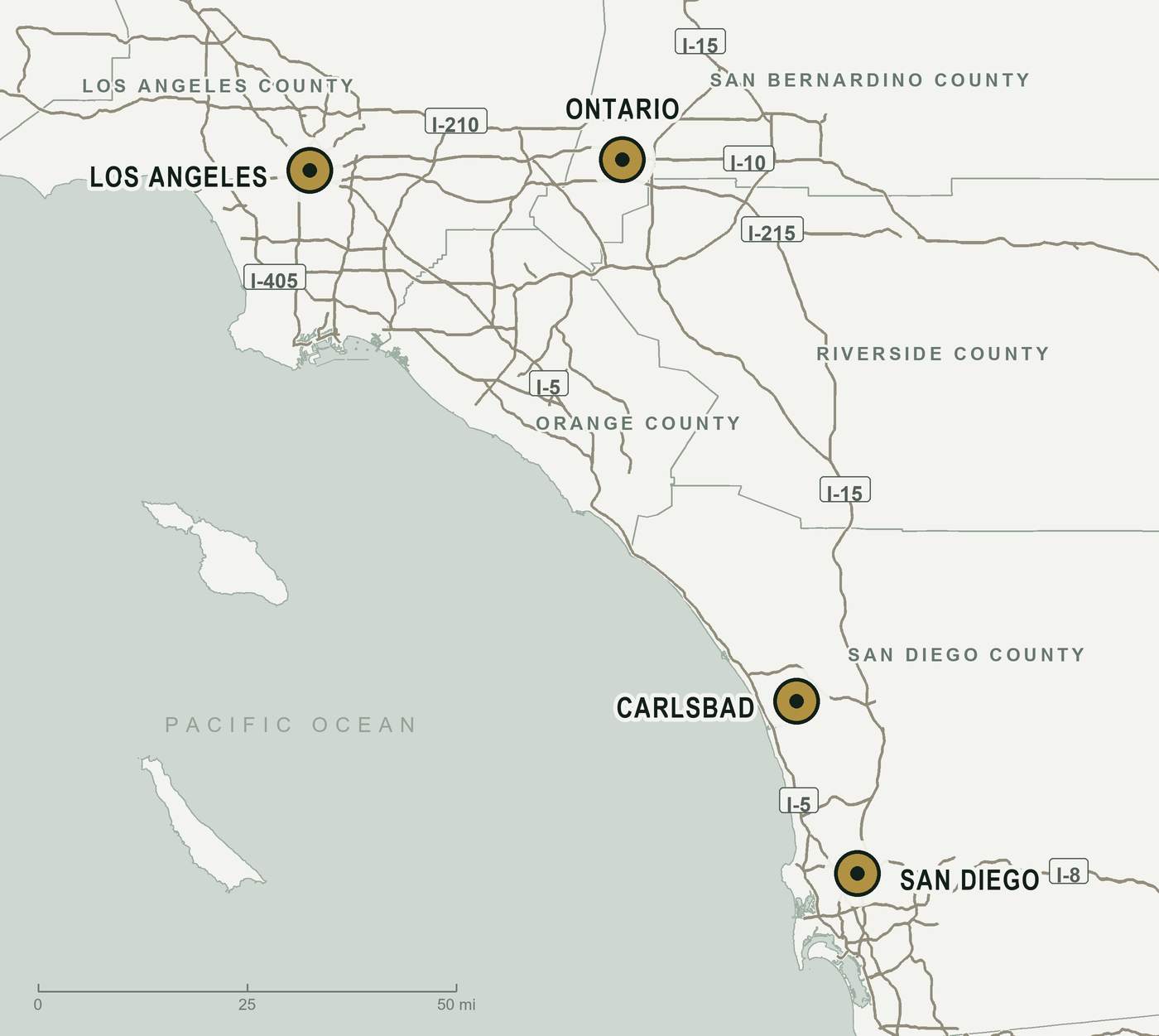 Regional map of Southern California showing the Pacific coastline, the Los Angeles, San Bernardino, Orange, Riverside and San Diego county lines, the main interstates, and a marked pin on each of the four Greenacre Law offices at Los Angeles, Ontario, Carlsbad and San Diego.